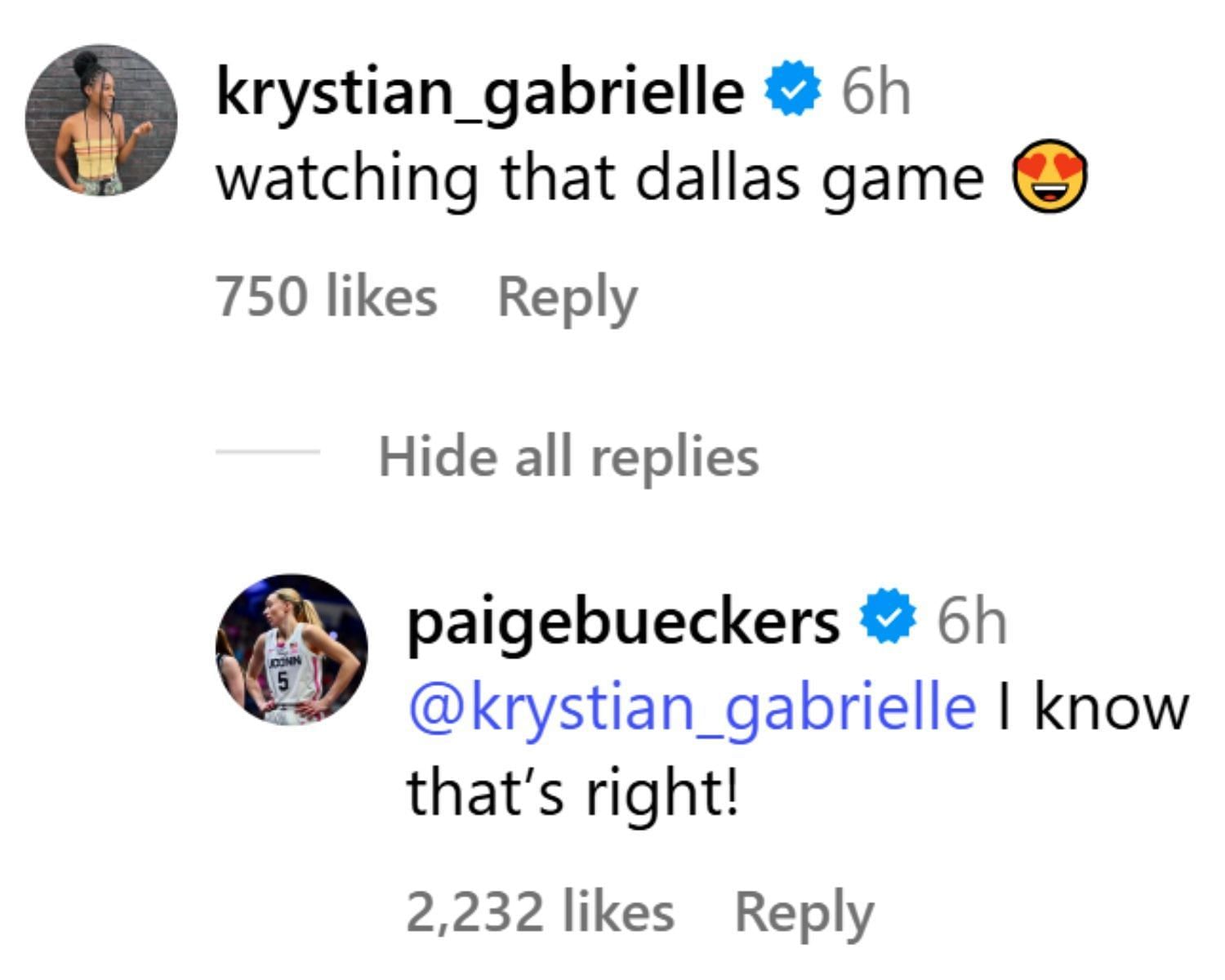 Paige Bueckers was ecstatic to see Azzi Fudd keeping up with the Dallas Wings. (Photo: @overtimewbb on Instagram)